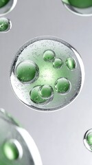 Green serum droplet splashing, generating dynamic bubble chain reaction, symbolizing skincare hydration and refreshing effect