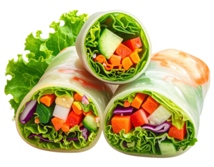 Fresh, colorful spring rolls with vibrant vegetables on white background
