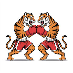 Two fierce cartoon tigers with boxing gloves and shorts are squaring off in an intense match on white