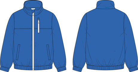 Cad drawing flat vector, technical fashion sketch, zip-up jacket front back view, garment template, apparel design, blue outerwear illustration ©  FIROZ CONTRIBUTOR 