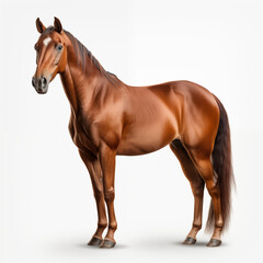 Obraz premium Majestic Bay Horse with White Blaze on White Background. Full Body Studio Shot of a Beautiful Brown Equine Animal, Ideal for Equestrian, Racing, or Nature-themed Designs.