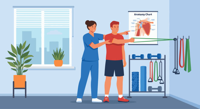 Physiotherapist Providing Shoulder Therapy
A flat vector illustration of a physiotherapist assisting a patient with shoulder rehabilitation exercises. Resistance bands and therapy tools are visible. 