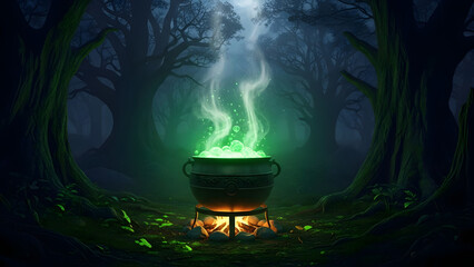 A glowing green cauldron bubbles in a dark and mystical forest