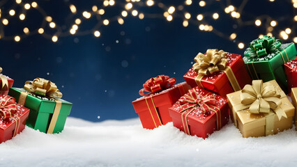 A festive arrangement of Christmas gifts in the snow with string lights
