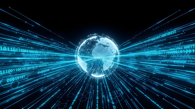 A futuristic digital globe surrounded by streams of binary code data - Powered by Adobe