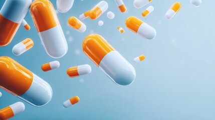 Medication capsules pouring on matching background in pharmaceutical industry setting