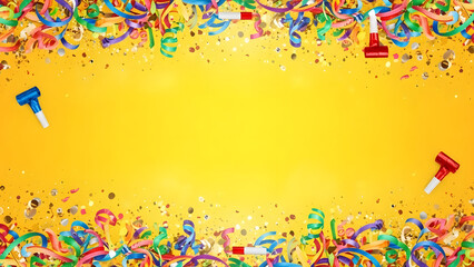 A vibrant yellow background with colorful confetti and party blowers