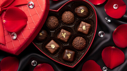A heart-shaped box of assorted chocolates on a romantic background