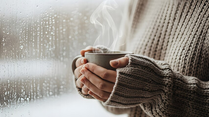 A person holding a steaming cup of coffee on a rainy day