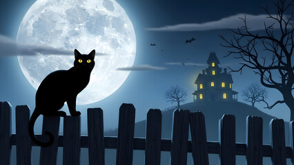 A black cat sits on a fence in front of a spooky haunted house under a full moon
