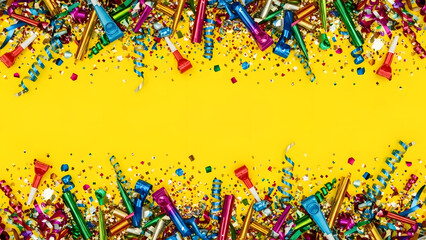 A vibrant yellow background with colorful confetti and party blowers scattered around