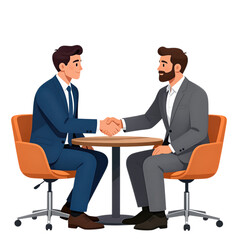 Two businessmen shaking hands at a table with chairs