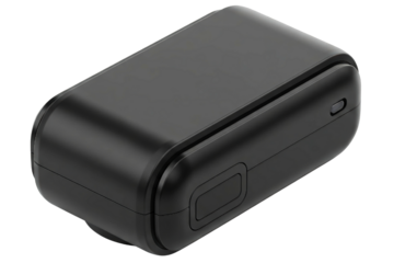 Black plastic electronic device casing mockup with rounded corners on a transparent background