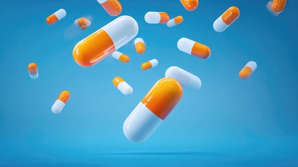 Medication capsules pouring on matching background in pharmaceutical industry setting
