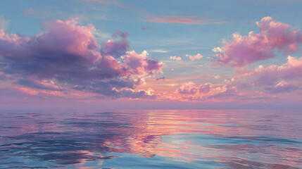 A breathtaking view of a serene seascape with fluffy clouds. The clouds are a mix of pink and purple, reflecting in the calm water. The scene evokes a sense of peace and tranquility
