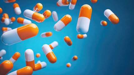 Medication capsules pouring on matching background in pharmaceutical industry setting
