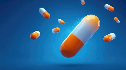 Medication capsules pouring on matching background in pharmaceutical industry setting