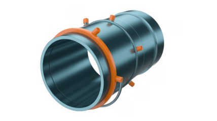 Teal metal pipe with orange accents and bolts teal pipe isolated on a transparent background