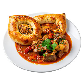 Savory boorsok and stew, a traditional kyrgyz combination, beautifully presented and isolated on white background for emphasis