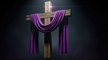 Dramatic purple draped cross on dark background with spotlight