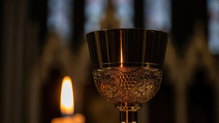 Golden chalice with intricate designs in church with candlelight