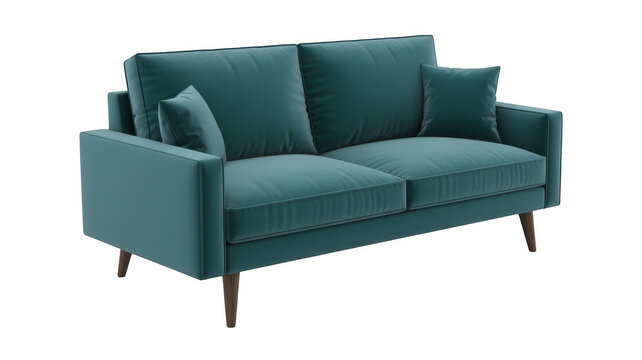 Teal sofa with three cushions from side angle couch isolated on a transparent background