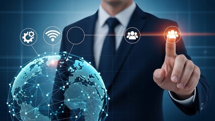 Businessman touching digital interface with global network and