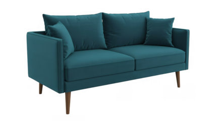 Teal sofa with three cushions from front angle couch isolated on a transparent background