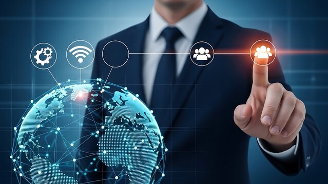 Businessman touching digital interface with global network and - Powered by Adobe