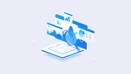 Stock market isometric of financial dashboard data analysis with line charts, and financial metrics in blue digital style.