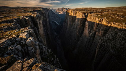 Breathtaking deep canyon landscape at golden hour, warm sunlight casting long shadows on rugged terrain with rocky cliffs and sparse vegetation under blue sky