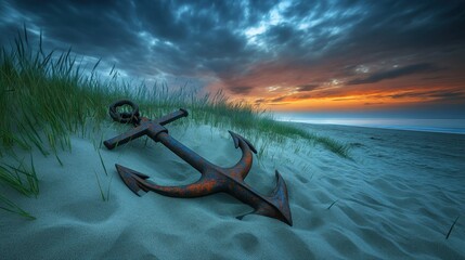 A weathered metal anchor rests half buried in the sandy beach dunes beneath a dramatic cloudy sky at sunset