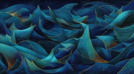 Abstract oceanic forms feature flowing turquoise and deep blue hues with golden accents