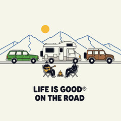 Obraz premium Happy camper van road trip illustration with mountains, campfire, cars and people relaxing outdoors, flat vector travel concept for adventure, vacation, freedom lifestyle design.