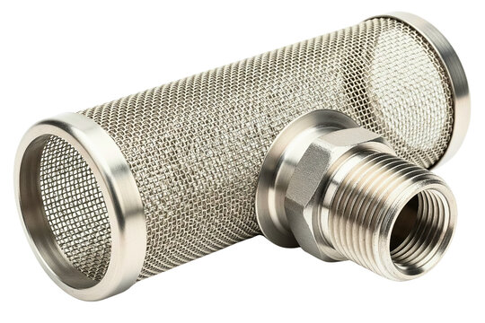 Stainless steel wire mesh cylinder filter with threaded pipe fitting on a transparent background