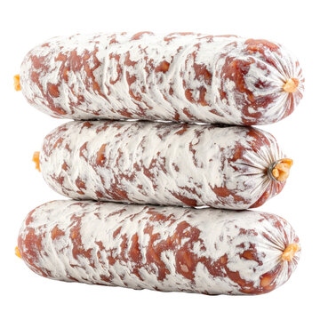 A detailed shot of a cross-section of kyrgyz kazy sausage, showing the filling and casing, isolated on a stark white background