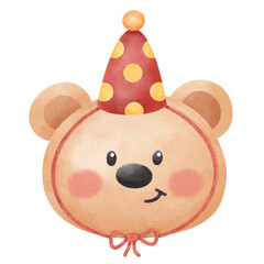 Cute Watercolor Teddy Bear Head with Party Hat Illustration. Baby Animal Character for Birthday Celebration and Kids' Design.