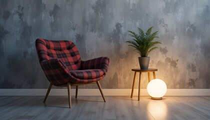Modern armchair with plaid, potted plant on table, and glowing floor lamp against gray evening wall