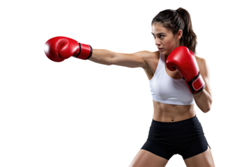 Young woman boxing with red gloves