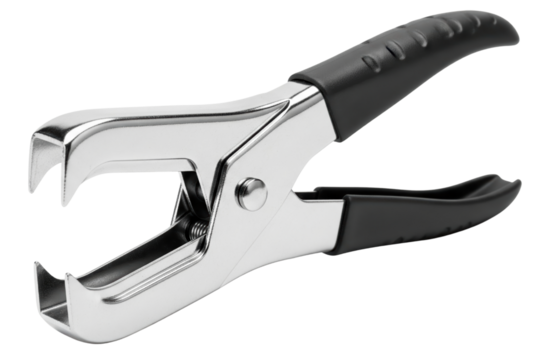Chrome metal office staple remover tool with black plastic handles on a transparent background - Powered by Adobe
