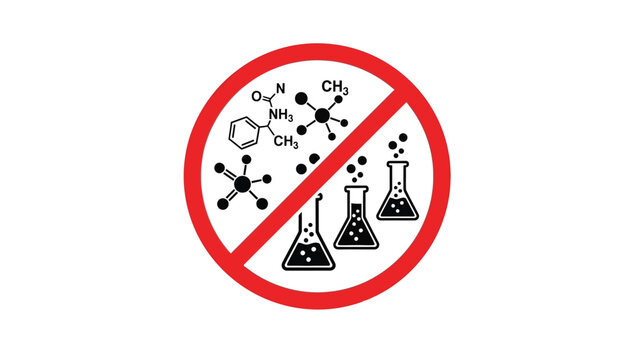 Prohibition sign clearly indicating the restriction against synthetic chemicals and laboratory apparatus like flasks suggesting a focus on natural or organic products development or usage protocols