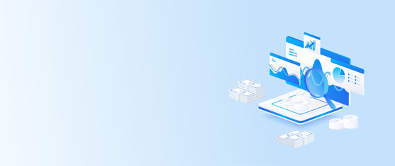 Stock market isometric of financial dashboard data analysis with charts, money, and financial metrics concept in banner web.