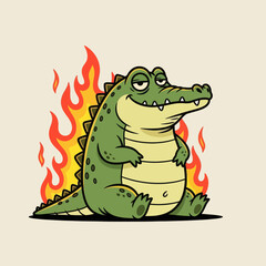 Naklejka premium Cute cartoon crocodile with green body and flaming tail sitting happily, fantasy monster character illustration, playful style for kids design, stickers, games, and branding.