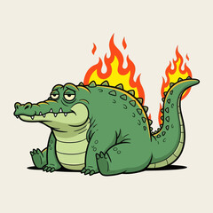 Obraz premium Cute cartoon crocodile with green body and flaming tail sitting happily, fantasy monster character illustration, playful style for kids design, stickers, games, and branding.