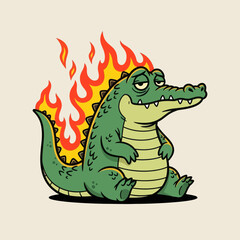 Obraz premium Cute cartoon crocodile with green body and flaming tail sitting happily, fantasy monster character illustration, playful style for kids design, stickers, games, and branding.