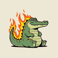 Fototapeta premium Cute cartoon crocodile with green body and flaming tail sitting happily, fantasy monster character illustration, playful style for kids design, stickers, games, and branding.