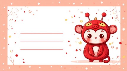Obraz premium Cute cartoon monkey in red costume on pink Chinese New Year card with confetti and space for writing message