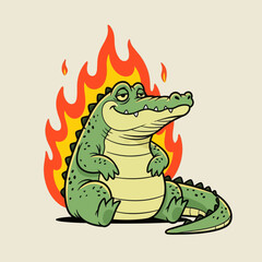Obraz premium Cute cartoon crocodile with green body and flaming tail sitting happily, fantasy monster character illustration, playful style for kids design, stickers, games, and branding.