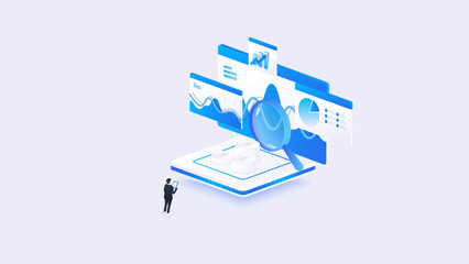 Stock market isometric of financial dashboard data analysis with charts, data search, and financial insight in blue digital style.