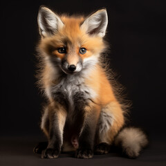 Obraz premium Adorable red fox kit with fluffy fur and curious blue eyes, sitting against a dark studio background. Cute baby fox portrait.